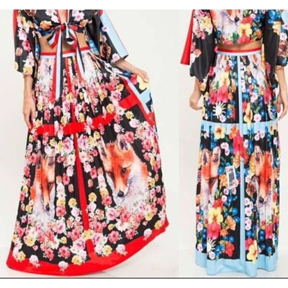 L’ATISTE Fox and Floral All-Over Print Pleated Red Blue Maxi Skirt Women's Small